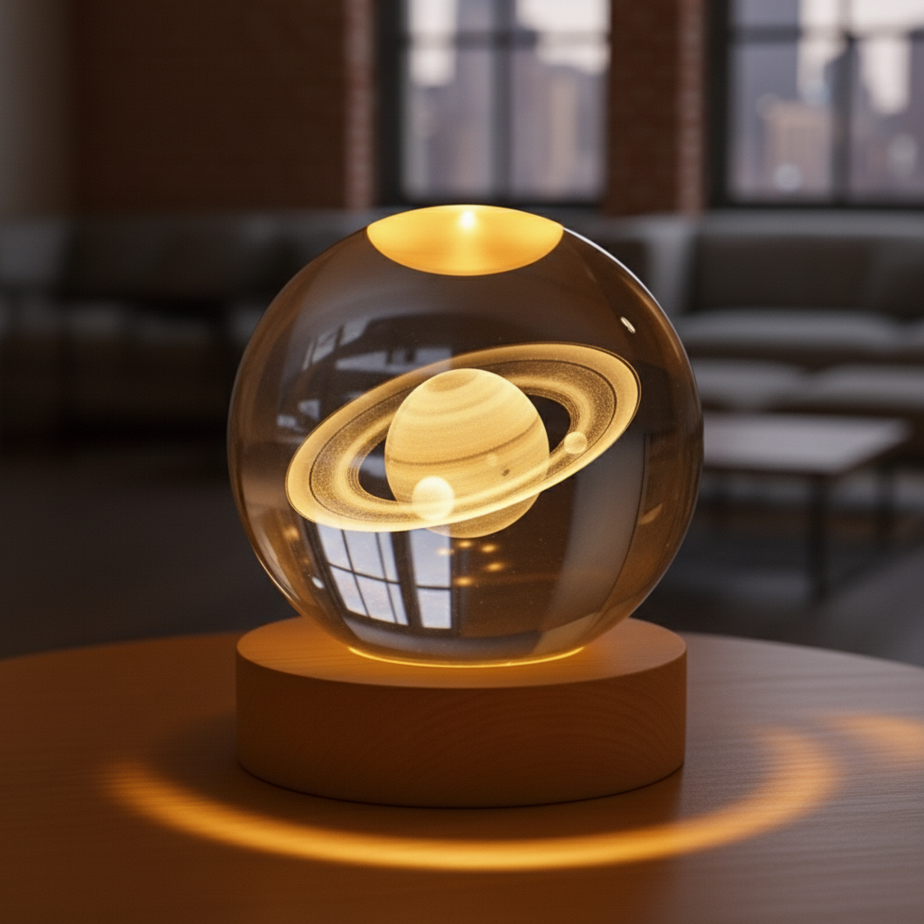 3D Glass Moon Lamp – LED Solar System Night Light Decor