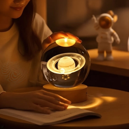 3D Glass Moon Lamp – LED Solar System Night Light Decor